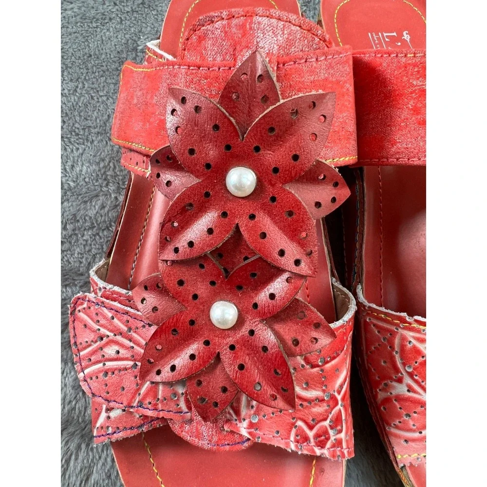 Spring Step L'artiste Karina Sandals 37/7 Red Leather Floral Embellished Artsy